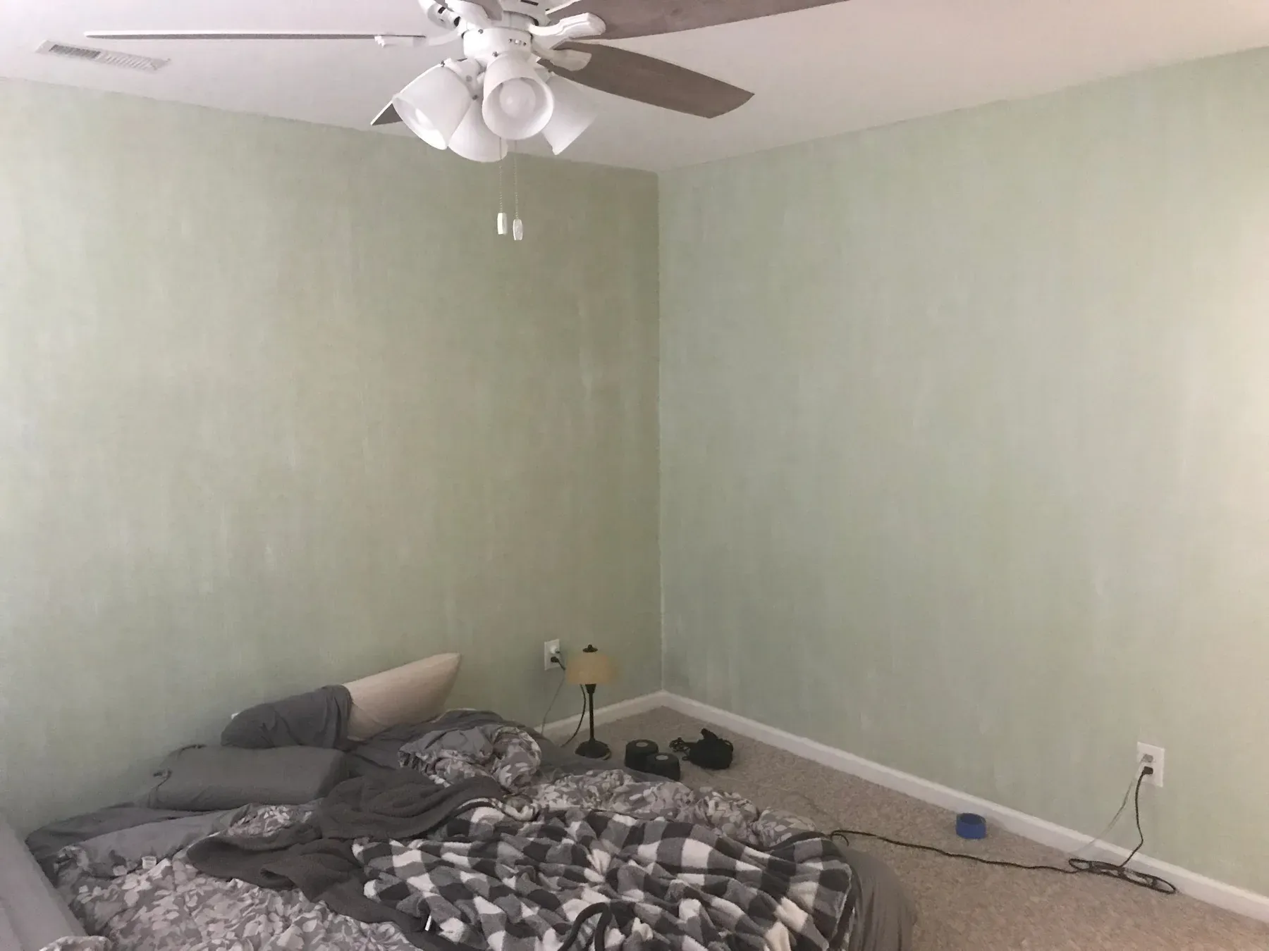 Bedroom walls in faded mint green before